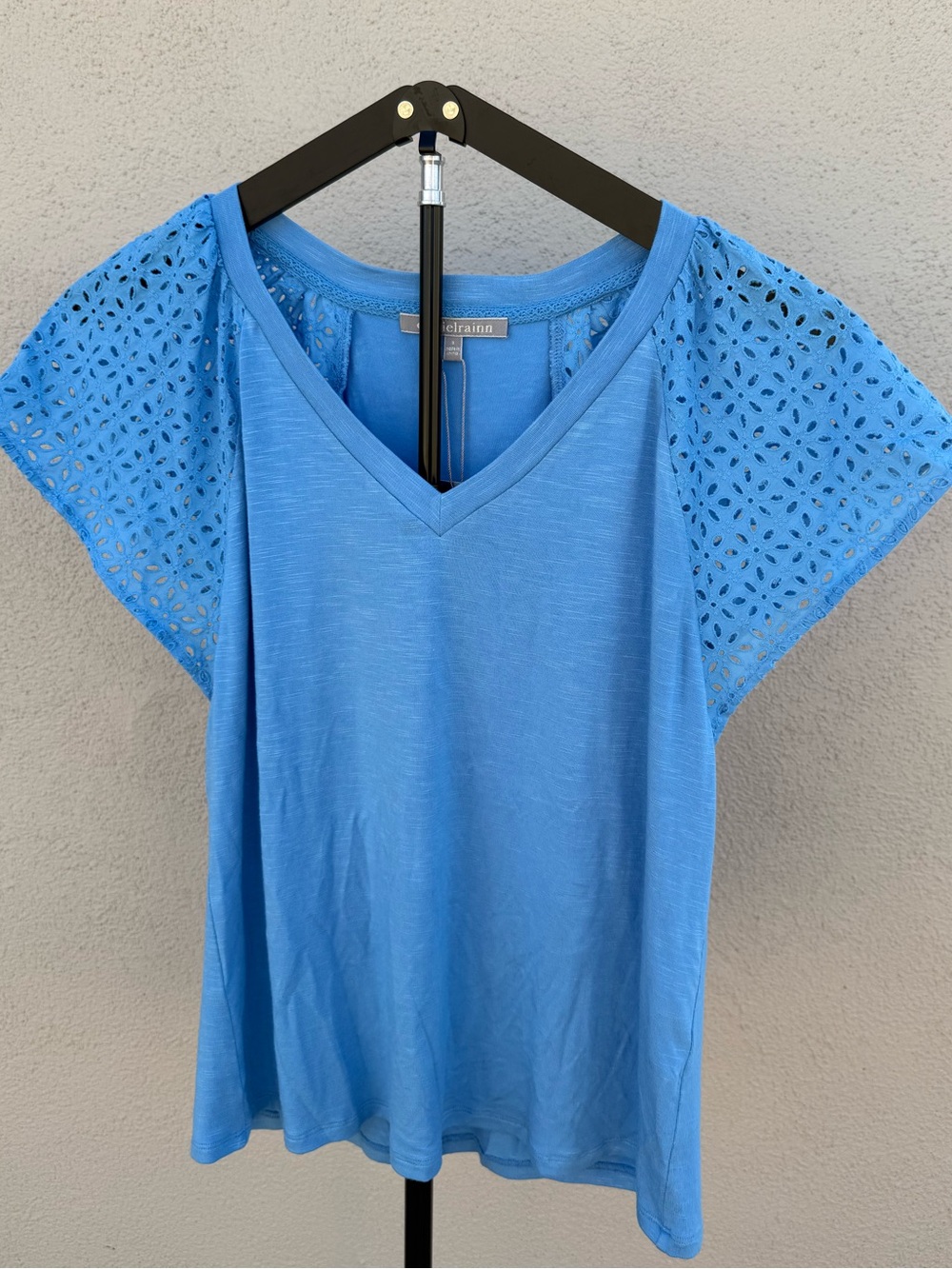 Daniel Rainn Sky Blue V-Neck Tee with Eyelet Cap Sleeves NWT